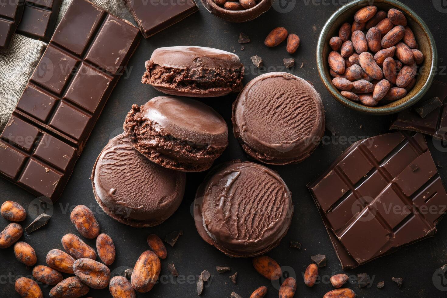 Chocolate ice cream cookies surrounded by cocoa beans and chocolate bars on dark background photo