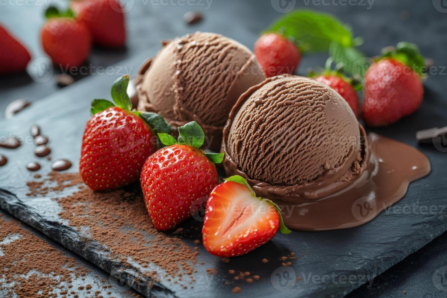 Chocolate ice cream scoops melting on slate plate with fresh strawberries photo