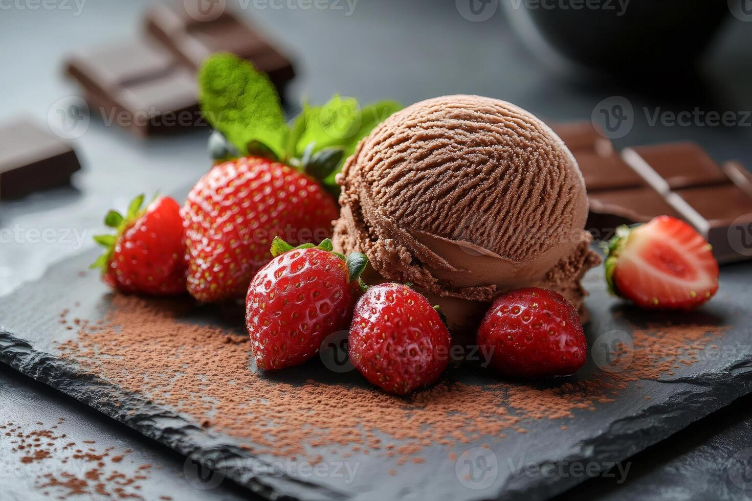 Chocolate ice cream scoop with strawberries and mint on slate plate photo