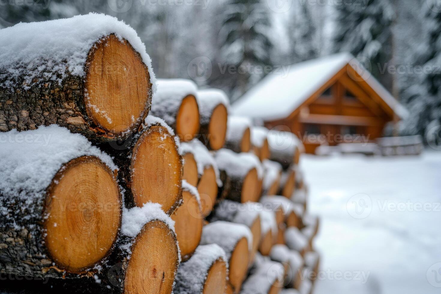 Stack of firewood covered with snow in front of wooden cabin during winter season photo