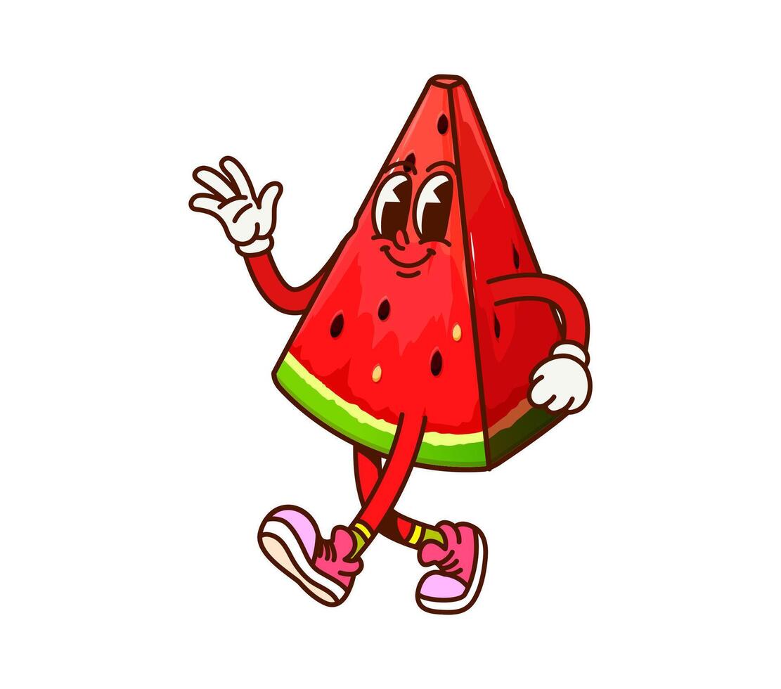 Groovy watermelon piece walking happy character vector