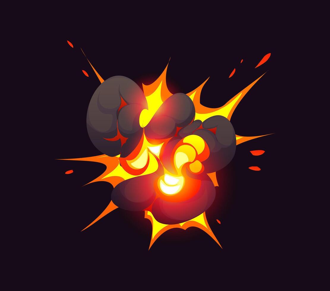 Bomb explosion effect, blast boom cloud with fire vector