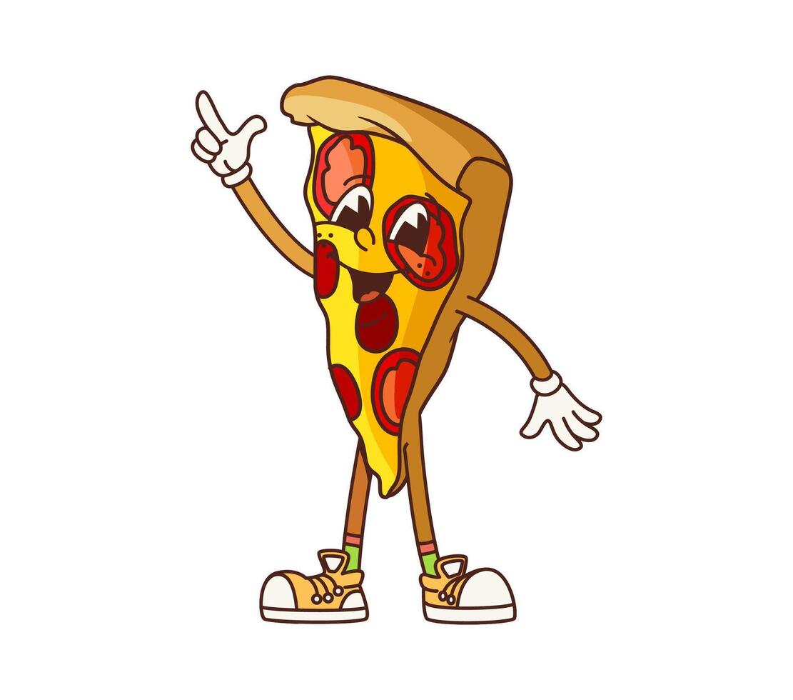 Groovy fast food pizza retro cartoon character vector