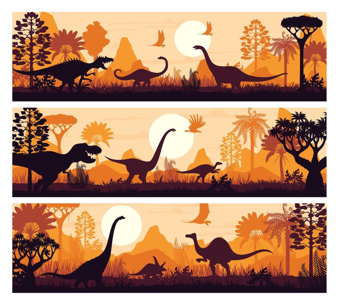 Prehistoric era banners with dinosaurs silhouettes vector