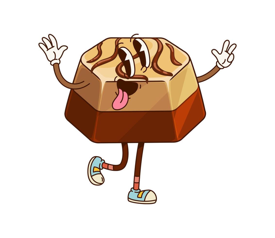 Groovy chocolate candy sweet character, tongue out vector