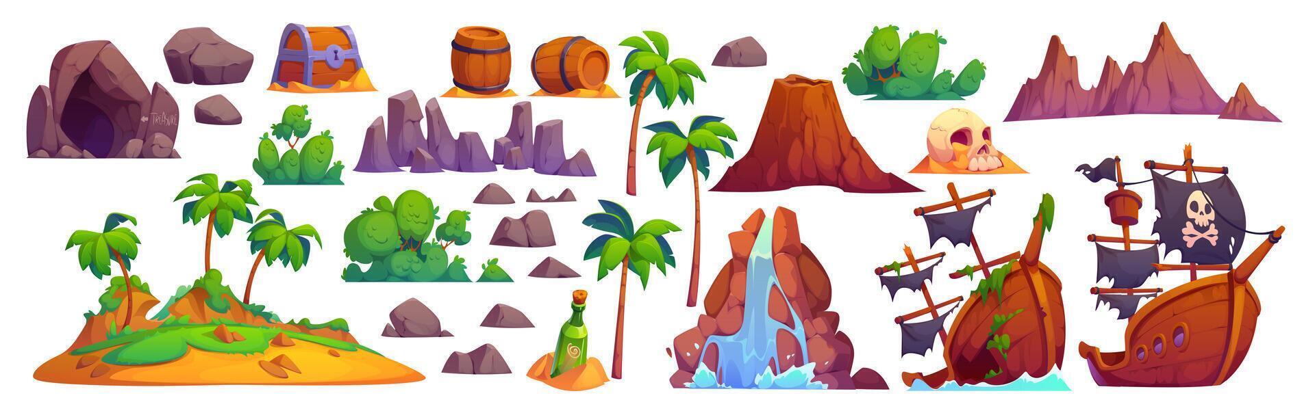 Cartoon pirate game assets, ship, island and map vector