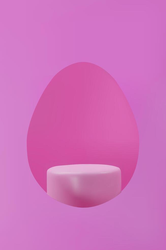 3D-rendered pink cylindrical podium with an abstract Easter egg-shaped backdrop. Perfect for festive product displays, seasonal promotions, Easter-themed designs. Three-dimensional illustration vector