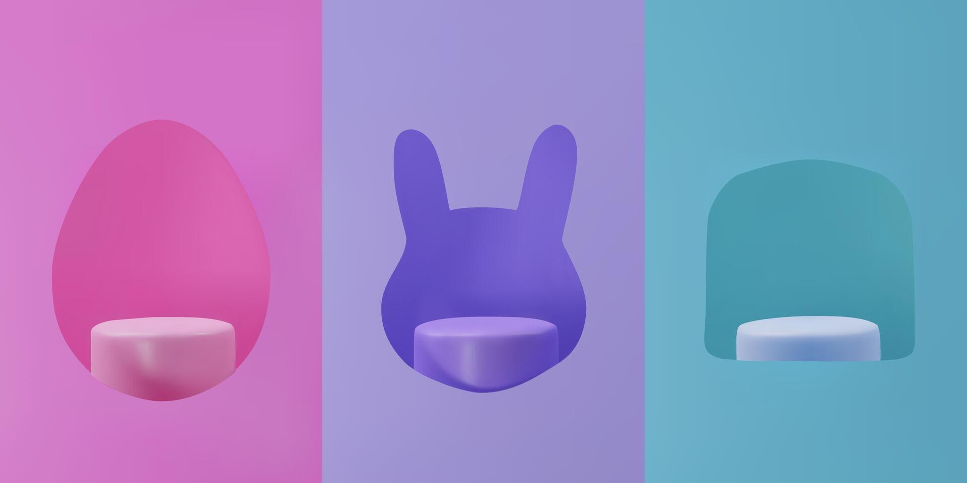 3D-rendered set of podium with an abstract Easter egg, bunny and panettone-shaped, backdrop. Perfect collection for festive product displays, seasonal promotions. Three-dimensional illustration vector