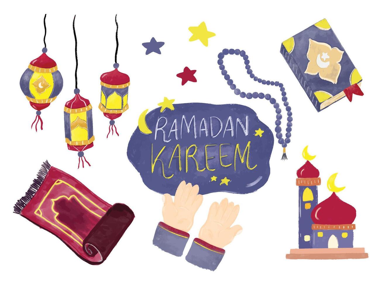 set ramadan kareem eid mubarak eid al fitr adha moslem prayer mosque quran lantern mat element ornament watercolor design illustration in pastel bright gray blue red maroon greeting card vector