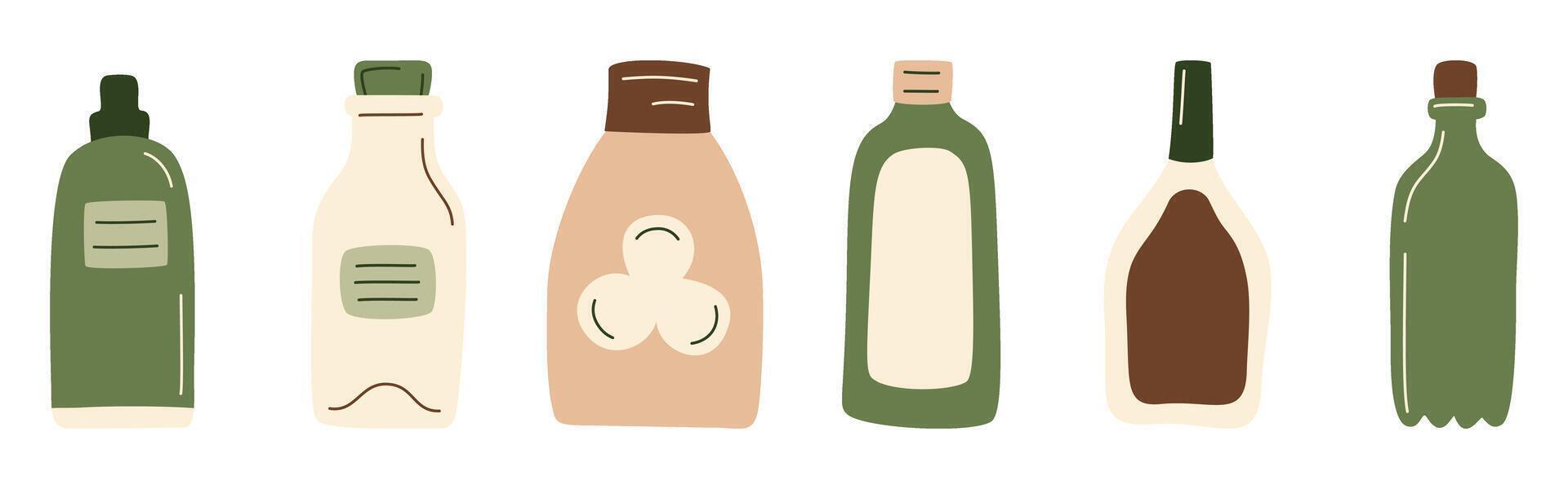 Abstract bottles products set. Drinks, juice in package, oil, milk, sauce from supermarket or farmer market in zero-waste packaging for eco-friendly design. illustration in organic flat style. vector
