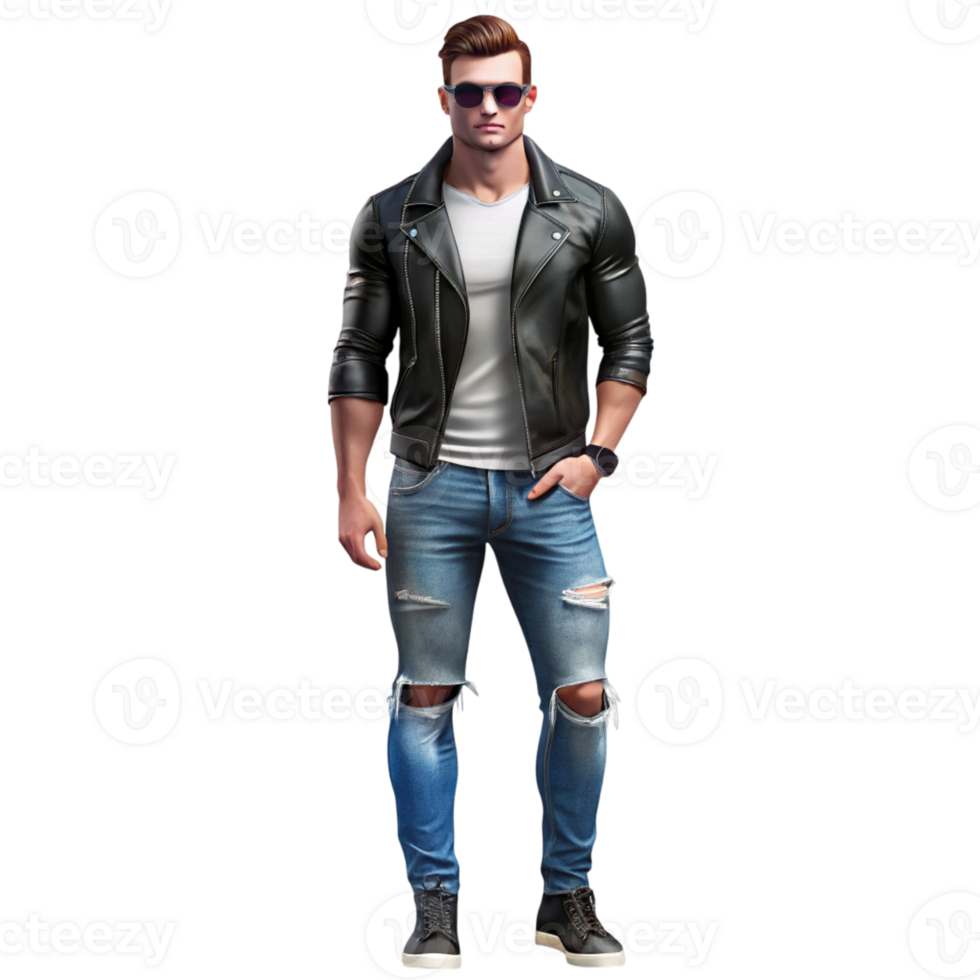 A man in ripped jeans and a leather jacket png