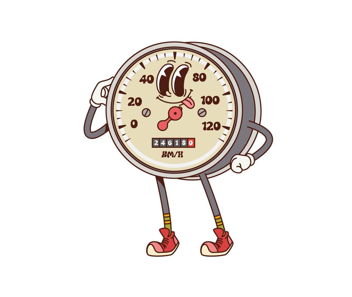 Cartoon retro groovy car speedometer character vector