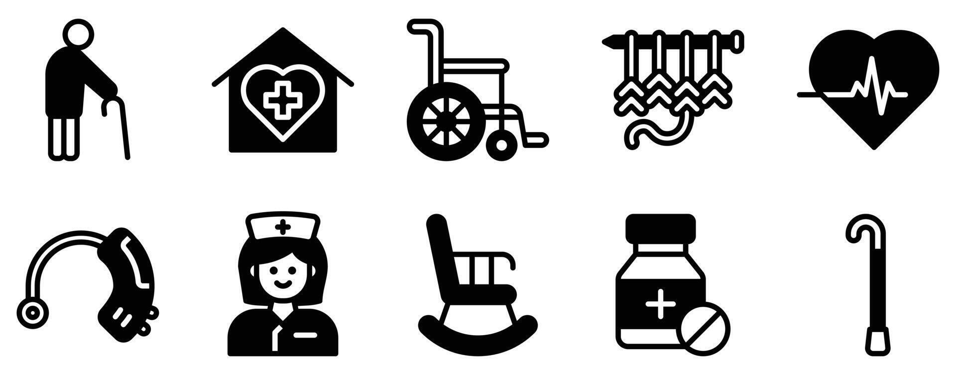 Nursing Home Icon Set Caring Solid Style Collection for Elderly Support and Care vector