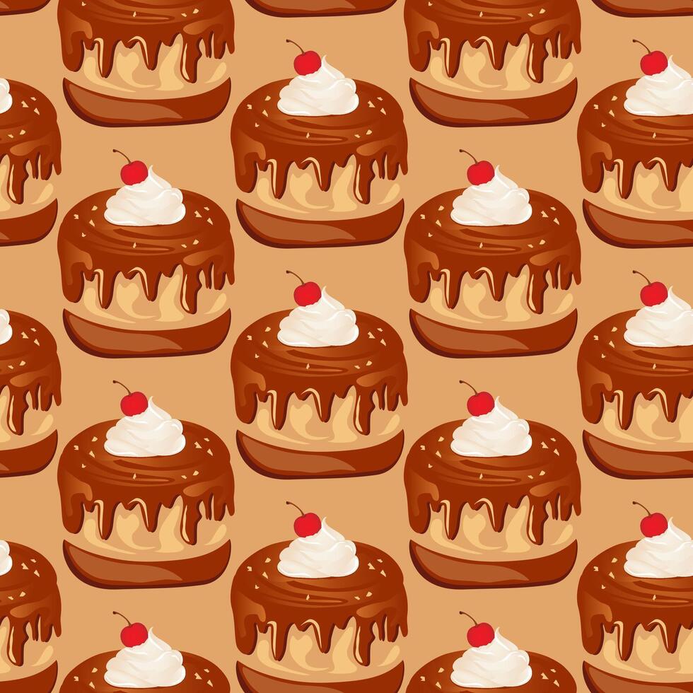 Seamless pattern for kitchen decor and more. Delicious chocolate cupcake with whipped cream and cherry on brown-caramel background. vector
