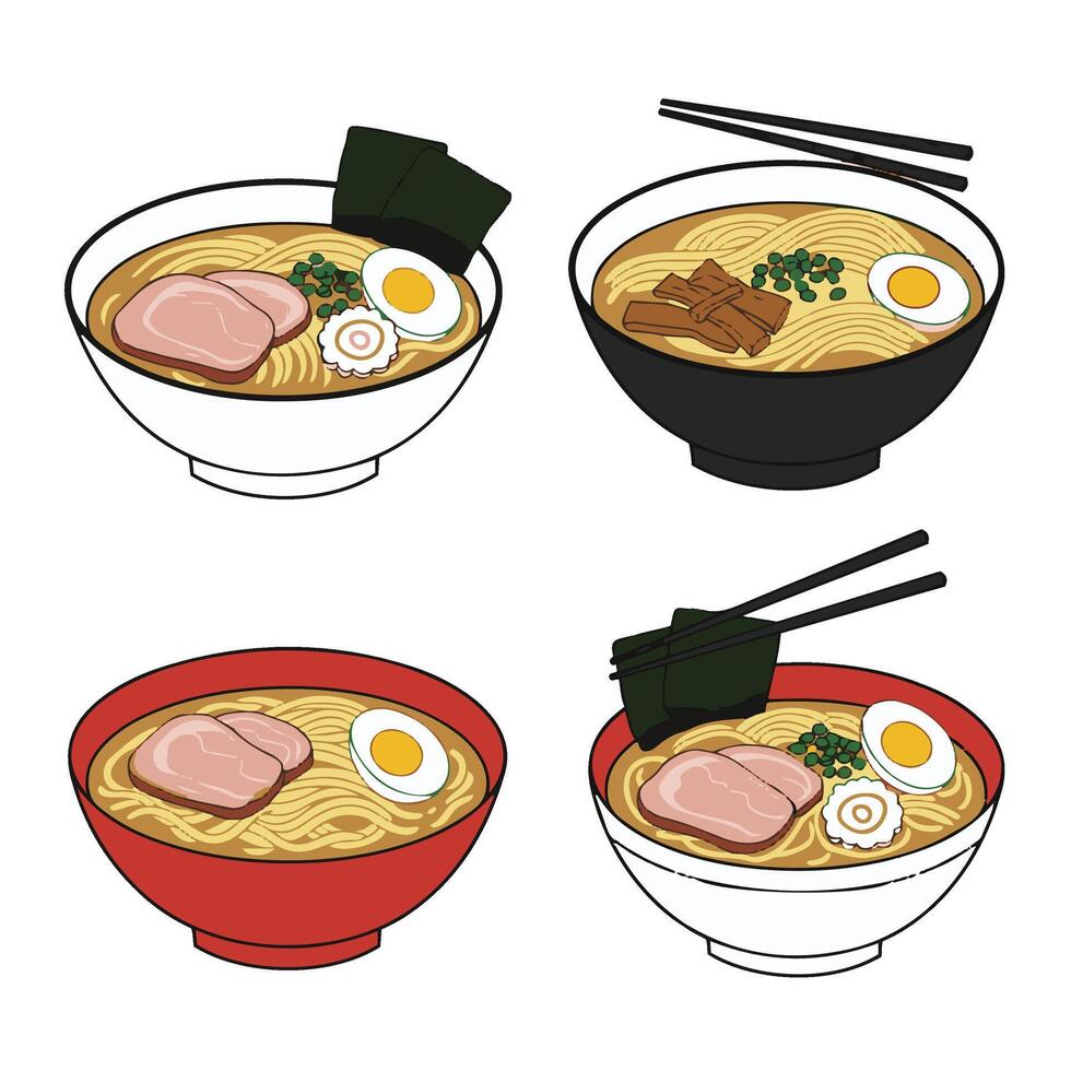 Tasty Miso and Shoyu Ramen Bowls with Pork Egg Green Onions and Nori Vectors Art