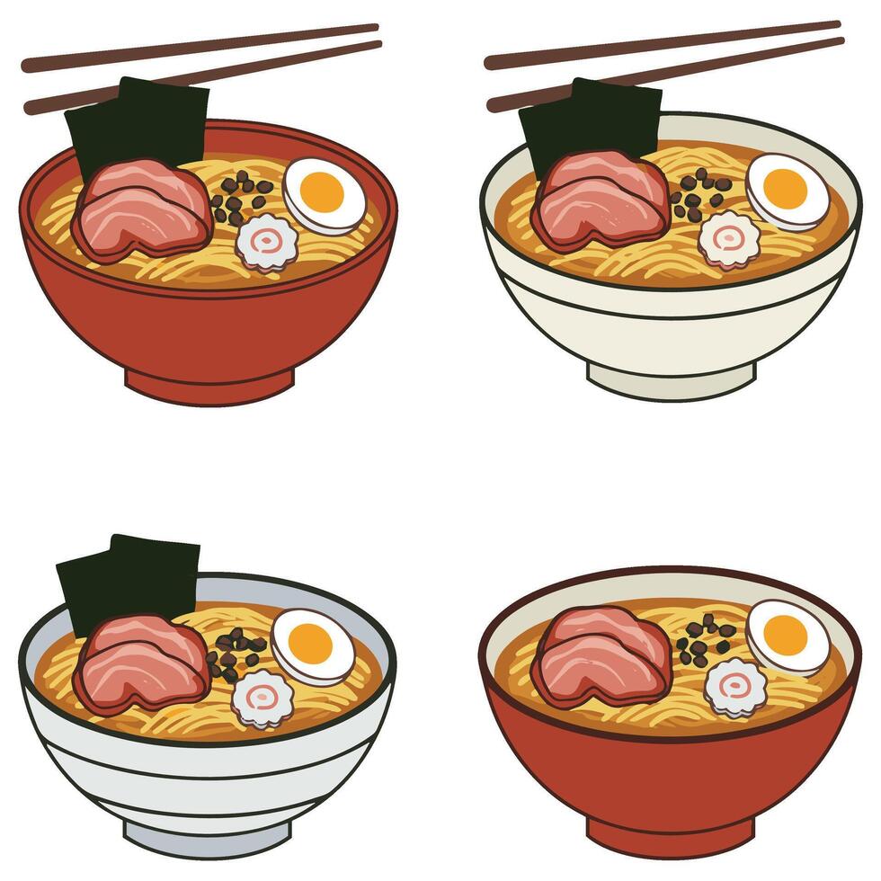 Hand-Drawn Ramen Noodle Soup with Chopsticks and Tasty Ingredients Vectors Illustration