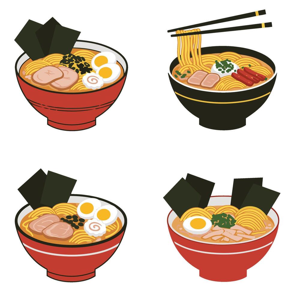 Delicious Asian Ramen Soup Illustration with Four Different Bowl Designs and Toppings vector