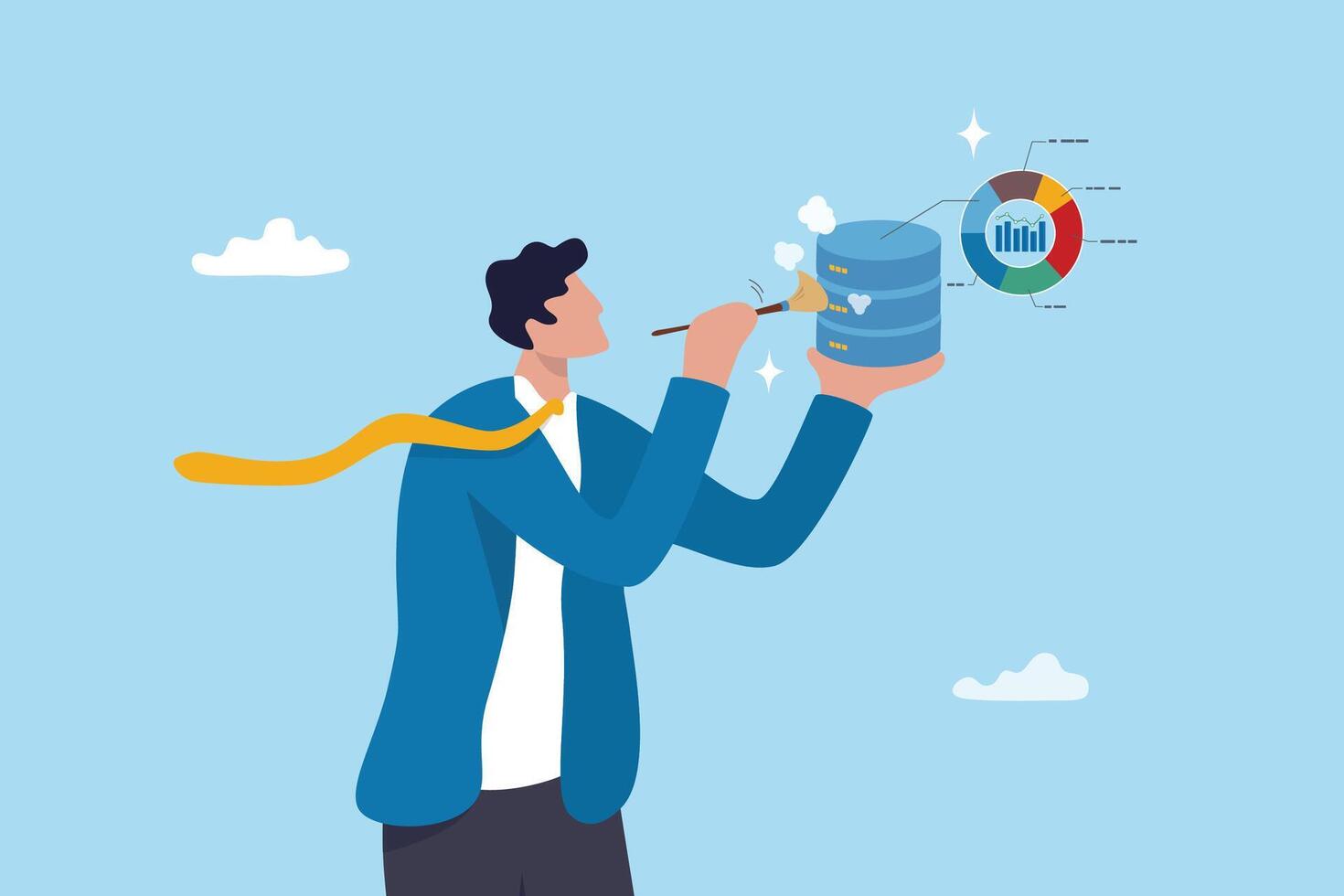 Data cleansing process to arrange, examining or prepare data to be analyzed, preprocessing normalization or validate missing data concept, businessman cleaning database metaphor of cleansing process. vector