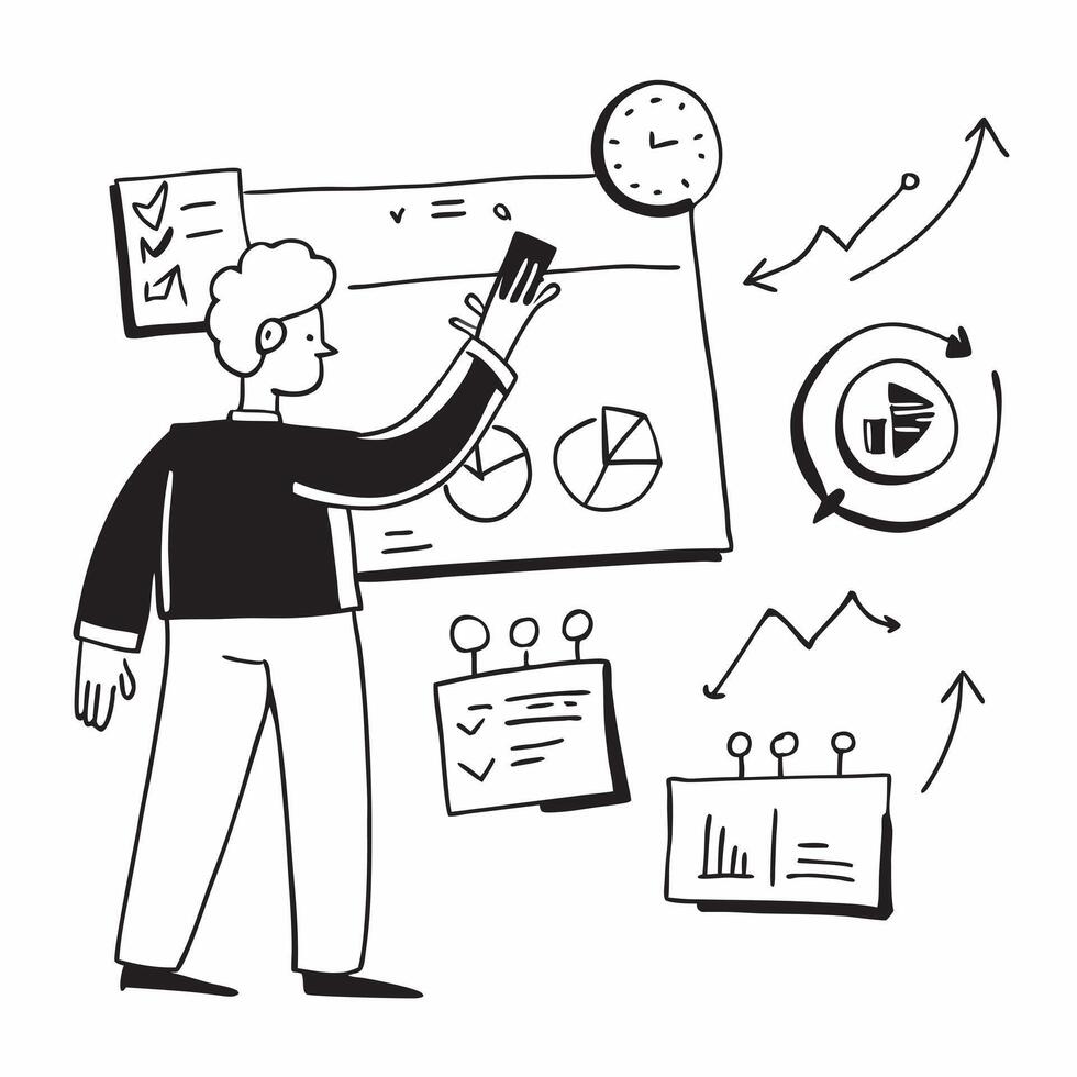 2D minimalize as Project manager leading a hybrid meeting concept as A illustration of a project manager leading a hybrid meeting with onsite and remote participants Cleans vector