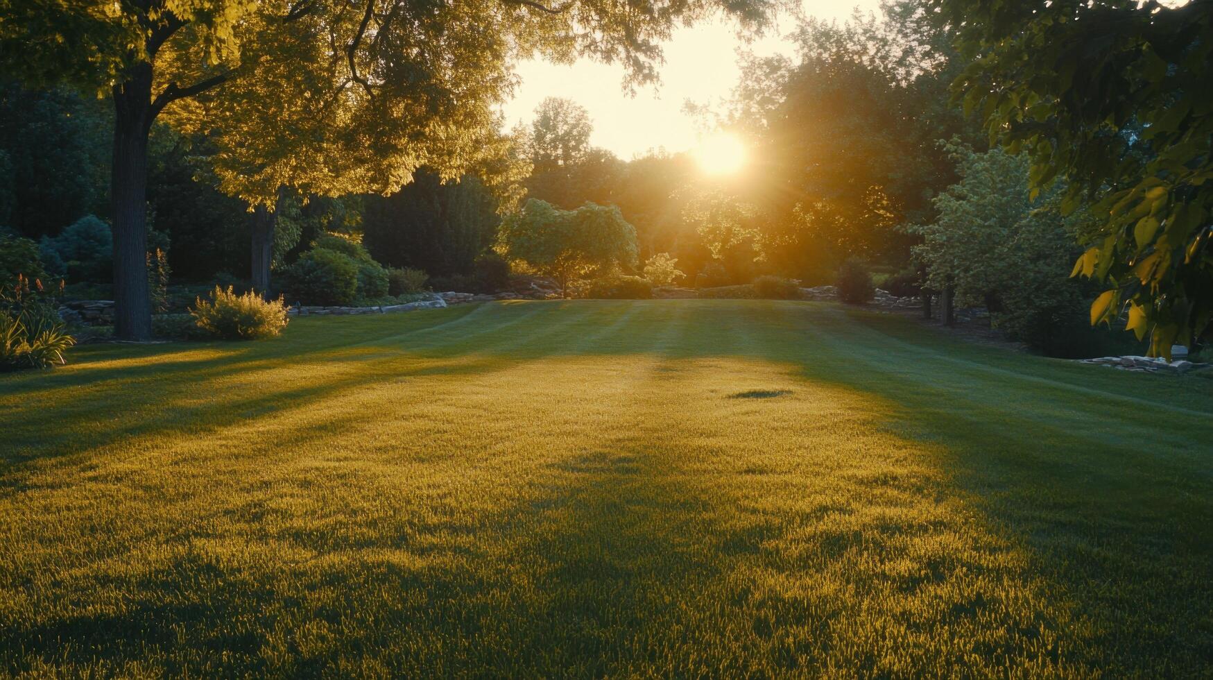 Green Lawn Bathed in Golden Sunset Light photo