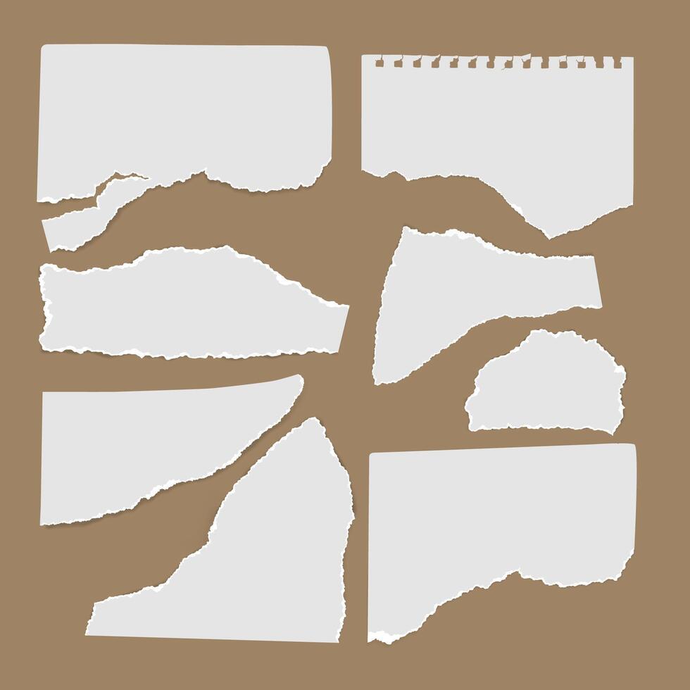 Collection of torn paper sheets with rough ripped edges on a brown background Ideal for scrapbooking collage design vintage aesthetics vector