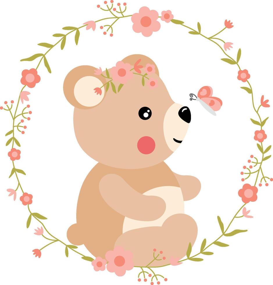 Teddy Bear with Flowers and Butterfly in a Circular Floral Frame vector