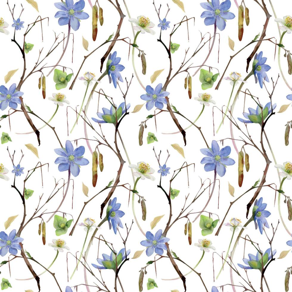 Branch with catkins, spring flowers white forest anemone primrose, blue hepatica forget-me-not, watercolor hand drawn. Seamless pattern botanical illustration isolated on white. Wedding, florist shop vector