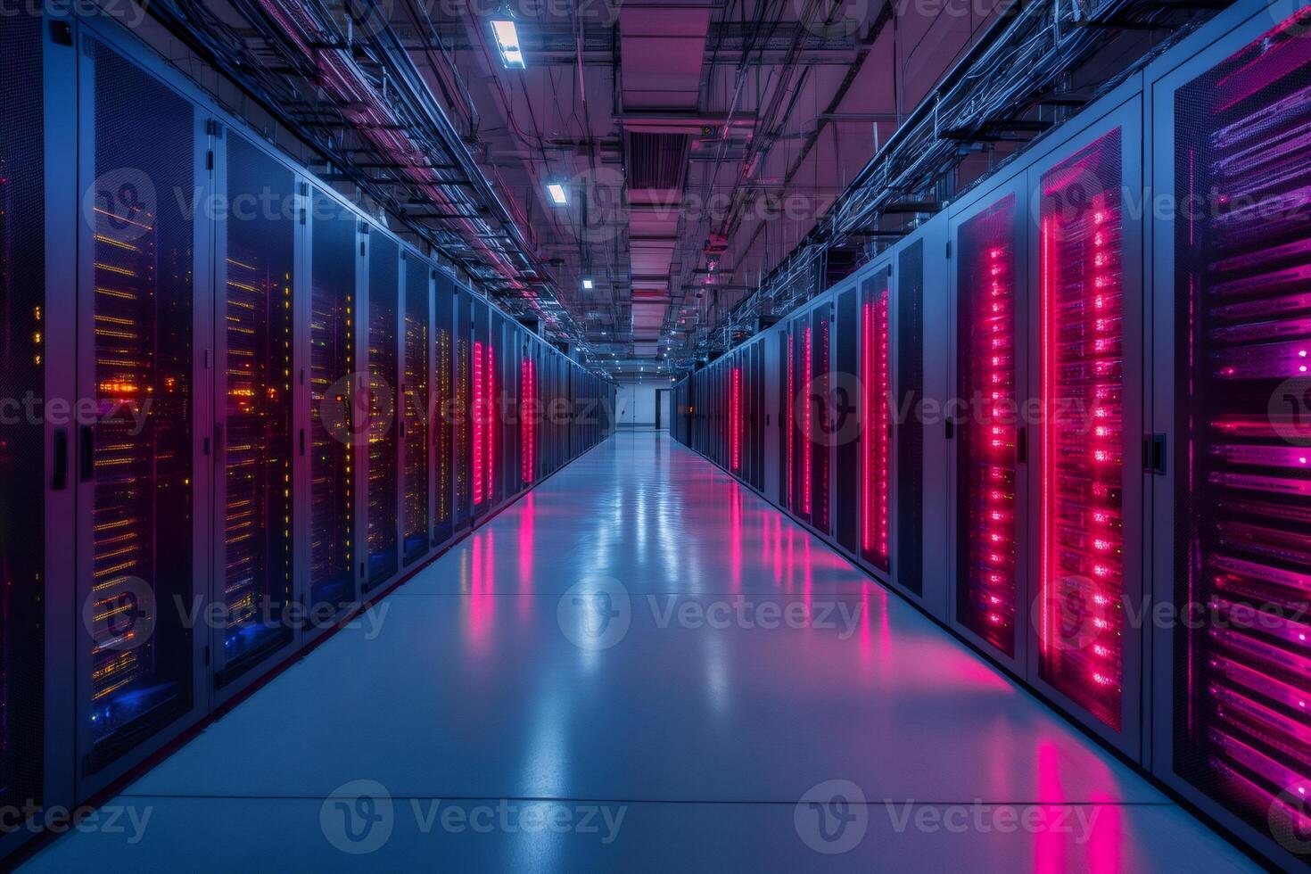Server racks glowing with red and blue lights in modern data center photo