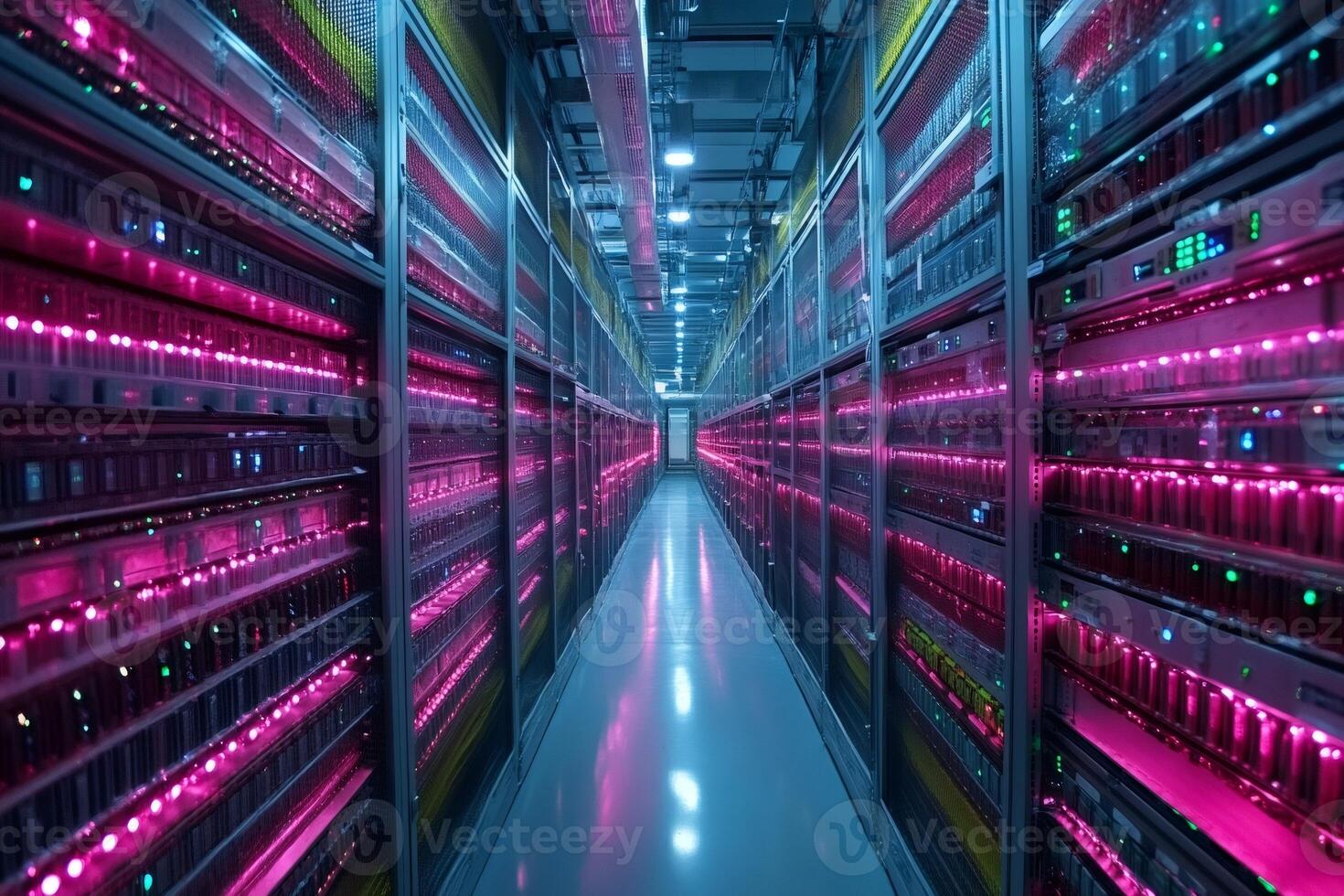 Servers blinking with purple lights in large data center photo