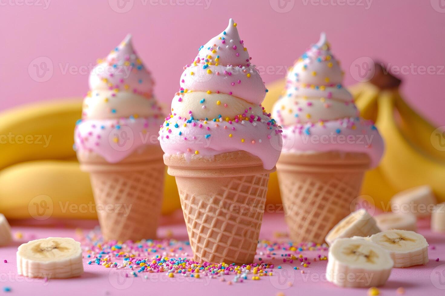 Banana ice cream with pink icing and colorful sprinkles standing on pink background with banana slices photo