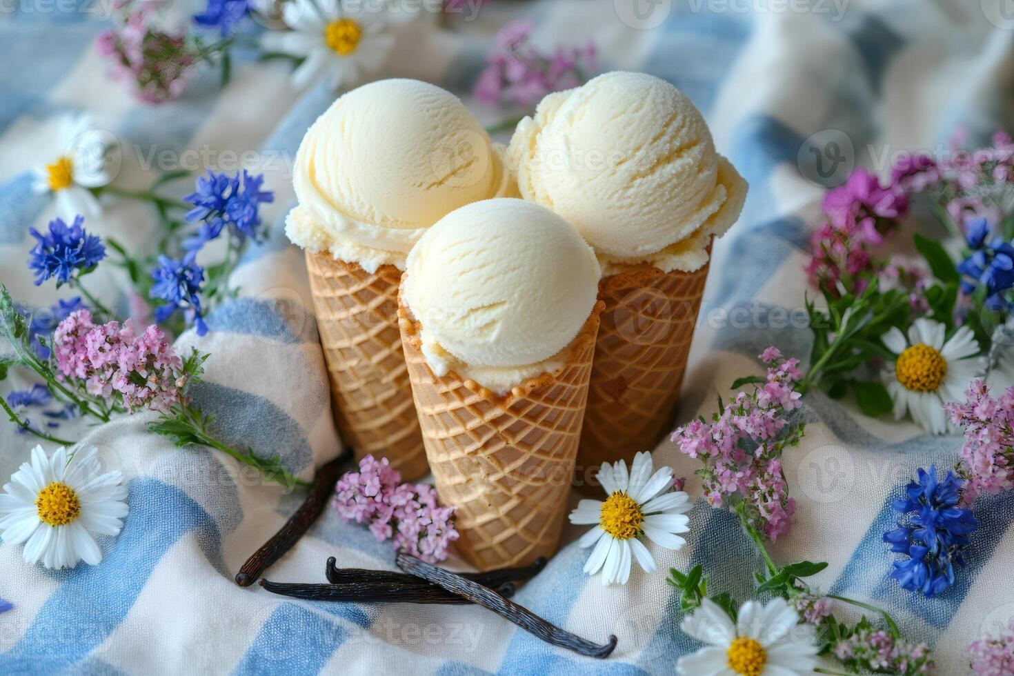 Vanilla ice cream scoops resting in waffle cones on checkered cloth with flowers photo