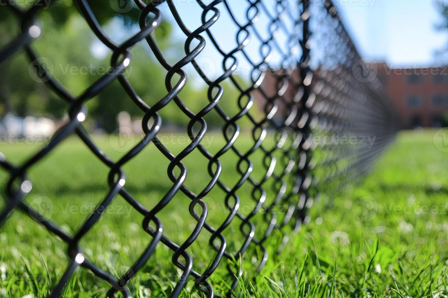 Close up of chain link fence protecting green grass field photo