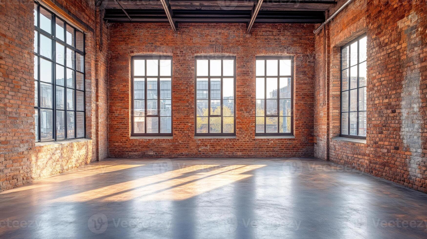Sunlight illuminating empty industrial loft with large windows and red brick walls photo