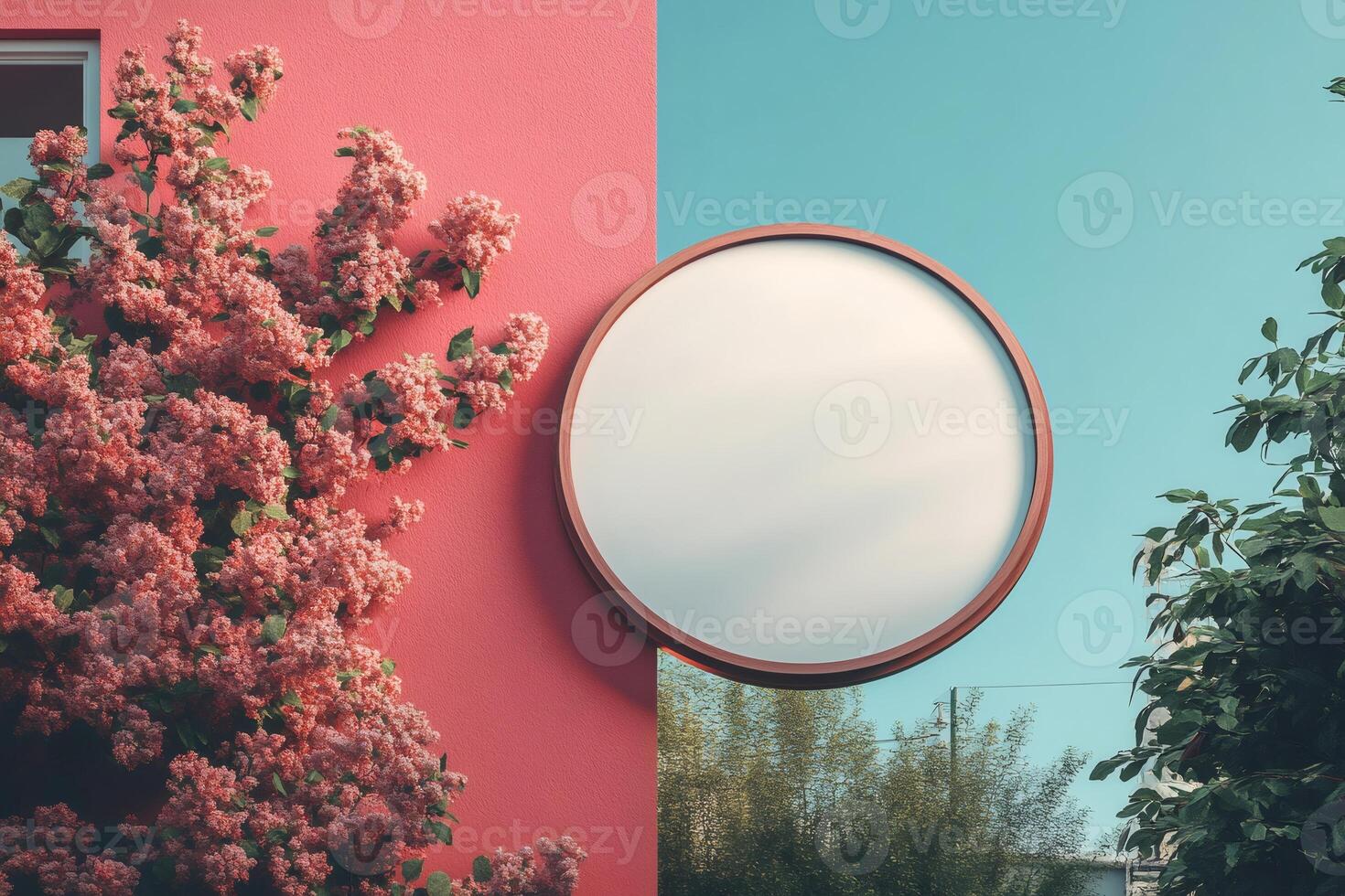 Round signage mockup hanging on a pink wall with flowers and trees photo