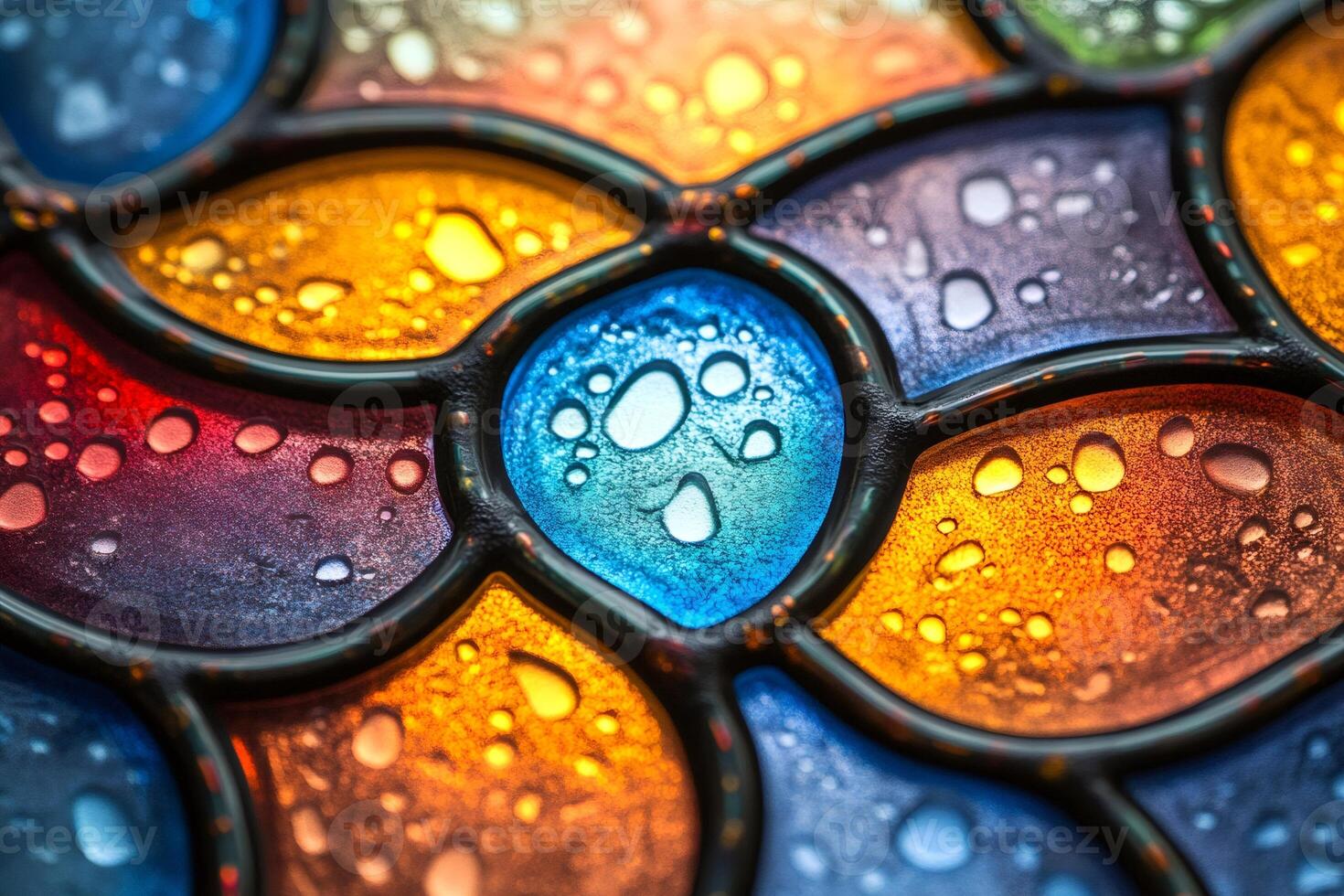 Colorful stained glass window with water drops creating a beautiful abstract pattern photo