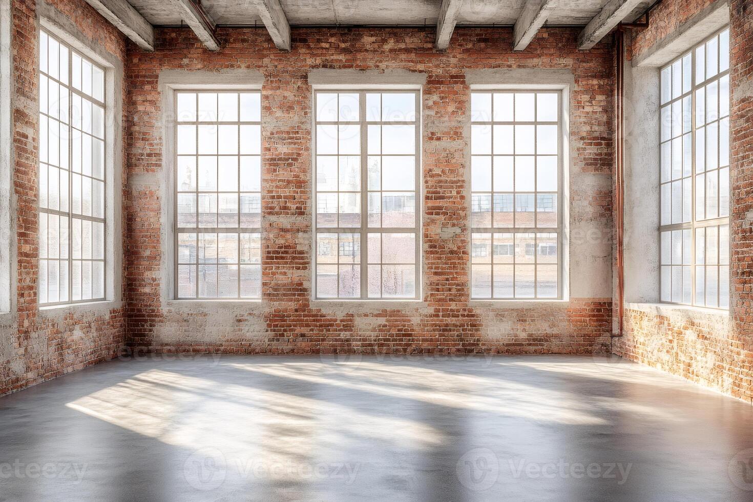 Sunlight illuminating empty industrial loft with large windows and brick walls photo