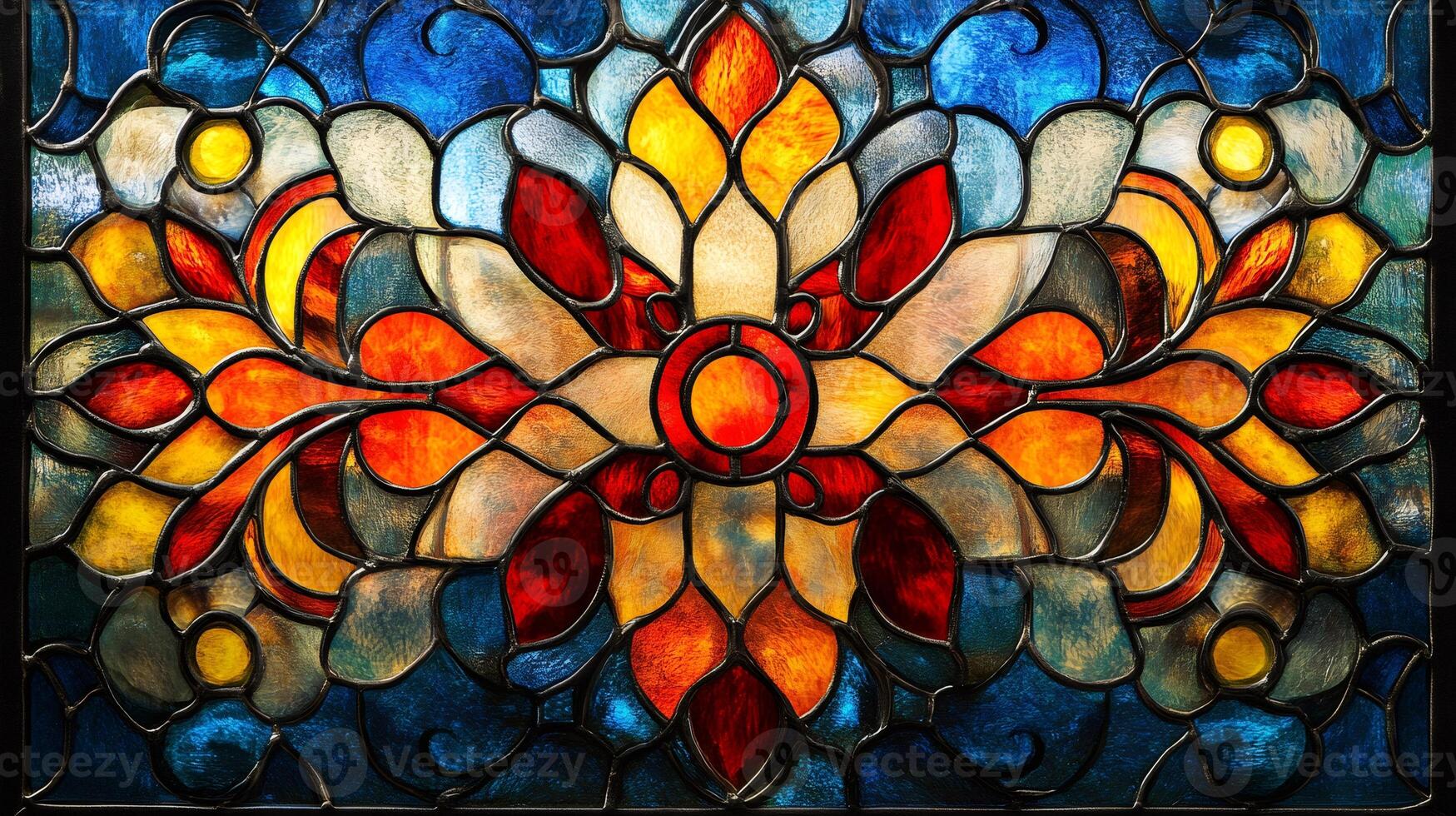 Colorful stained glass window depicting floral patterns creating a mesmerizing kaleidoscope of light and color photo
