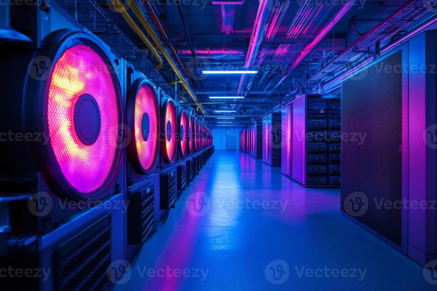 Powerful server cooling fans illuminating data center corridor photo