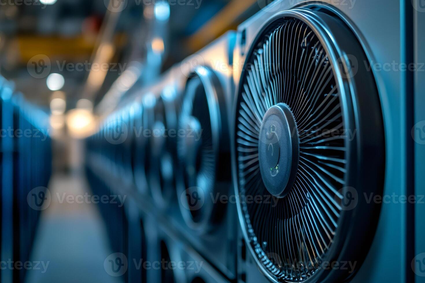 Cooling fans working on mining computer graphic cards in a server room photo