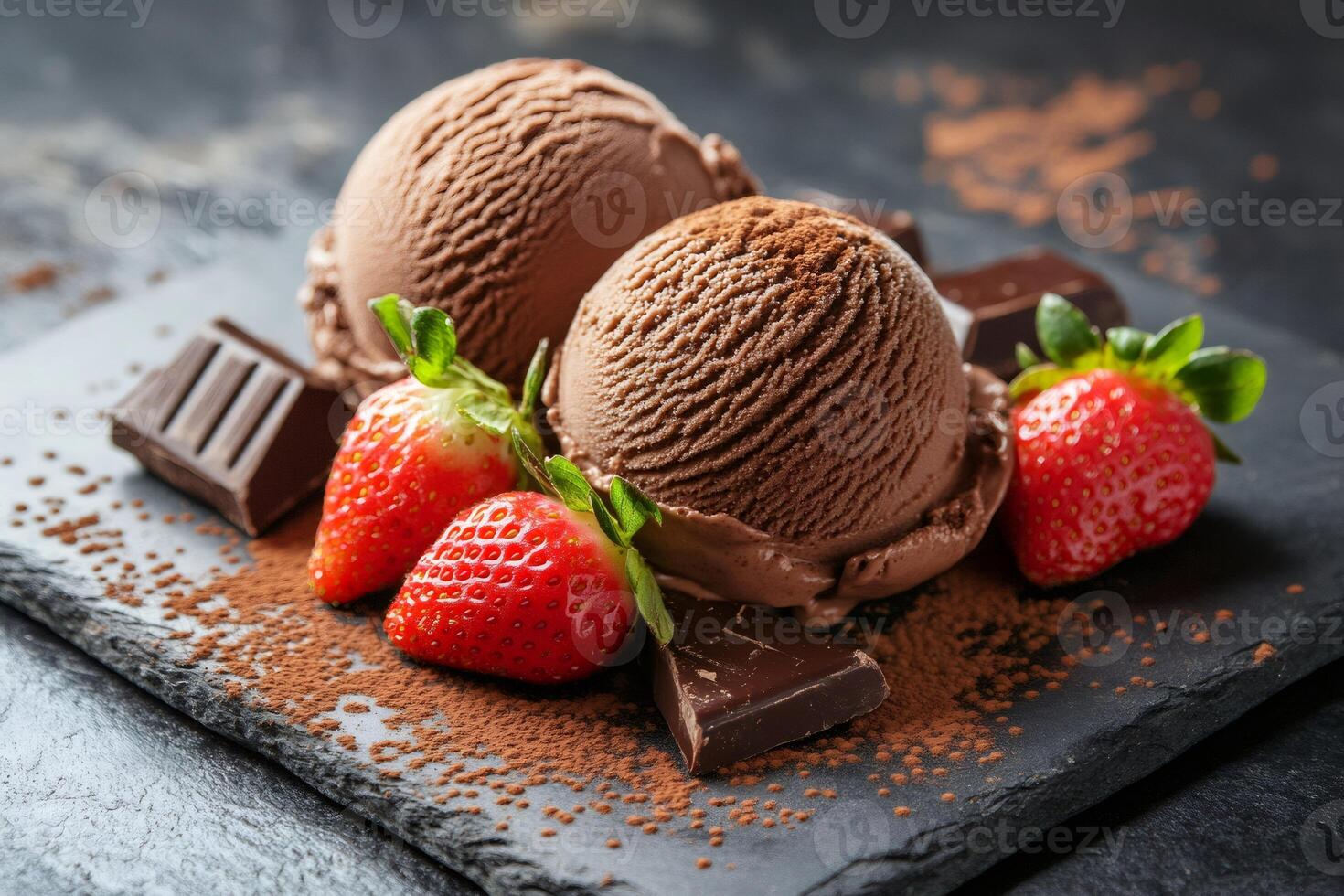 Chocolate ice cream scoops with strawberries and pieces of chocolate lying on slate plate, sprinkled with cocoa powder photo