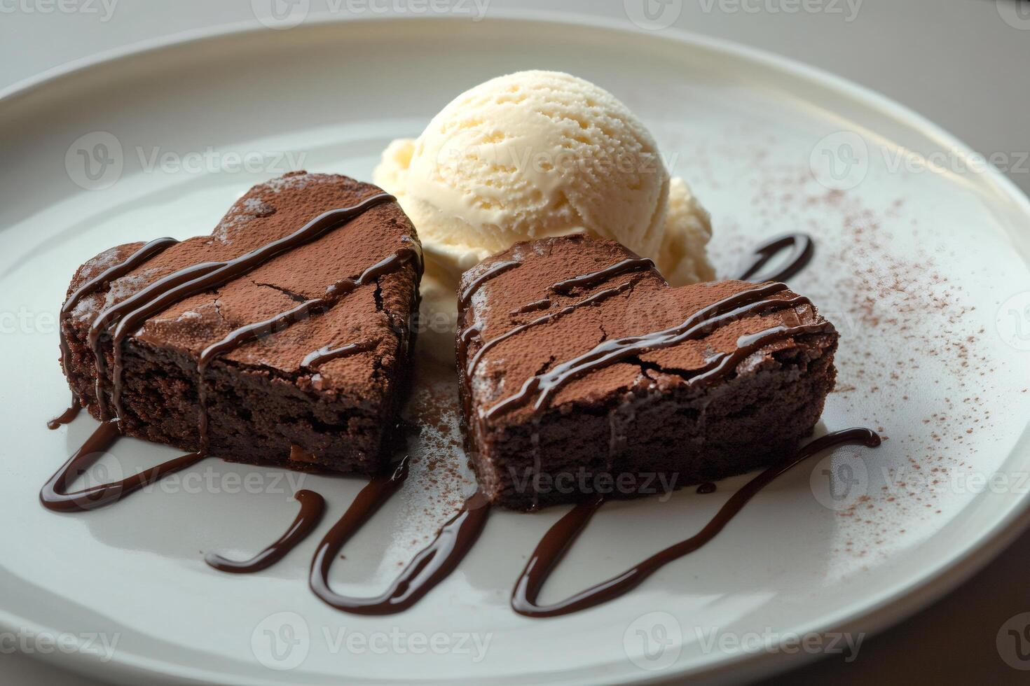 Two heart shaped brownies with vanilla ice cream and chocolate sauce on white plate photo