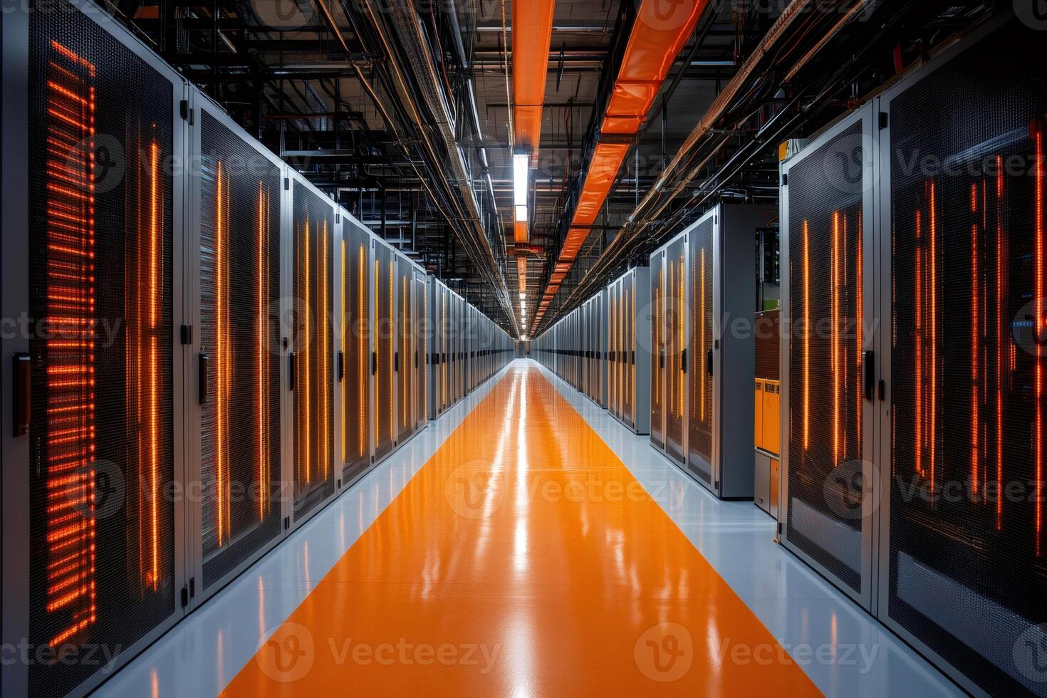 Server room with orange lights illuminating corridor in data center photo
