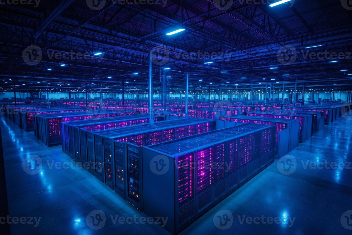 Server racks glowing with purple lights in a modern data center photo