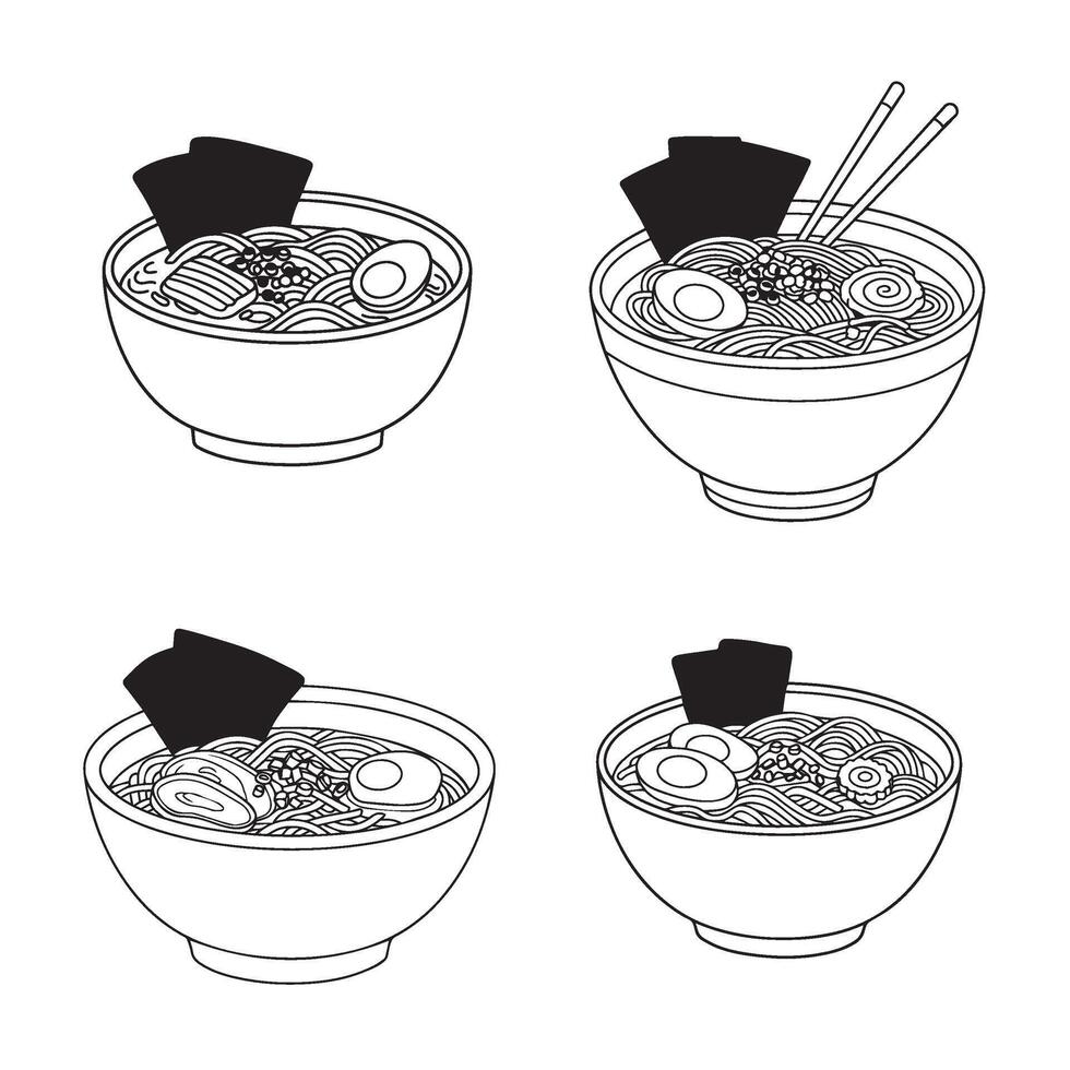 Japanese Ramen Bowl Line Art Collection with Noodles and Classic Garnishes vector