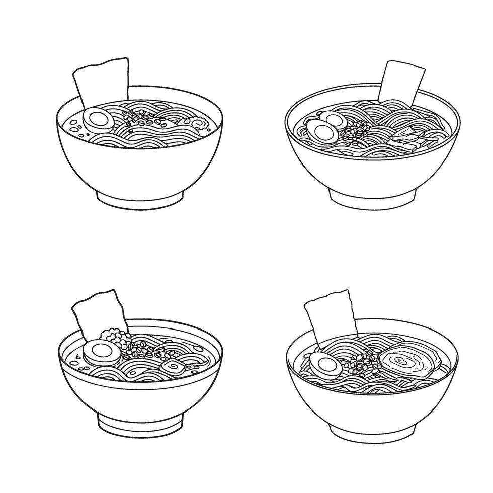 Monochrome Ramen Noodle Soup Vectors Set Featuring Egg Pork and Seaweed Toppings