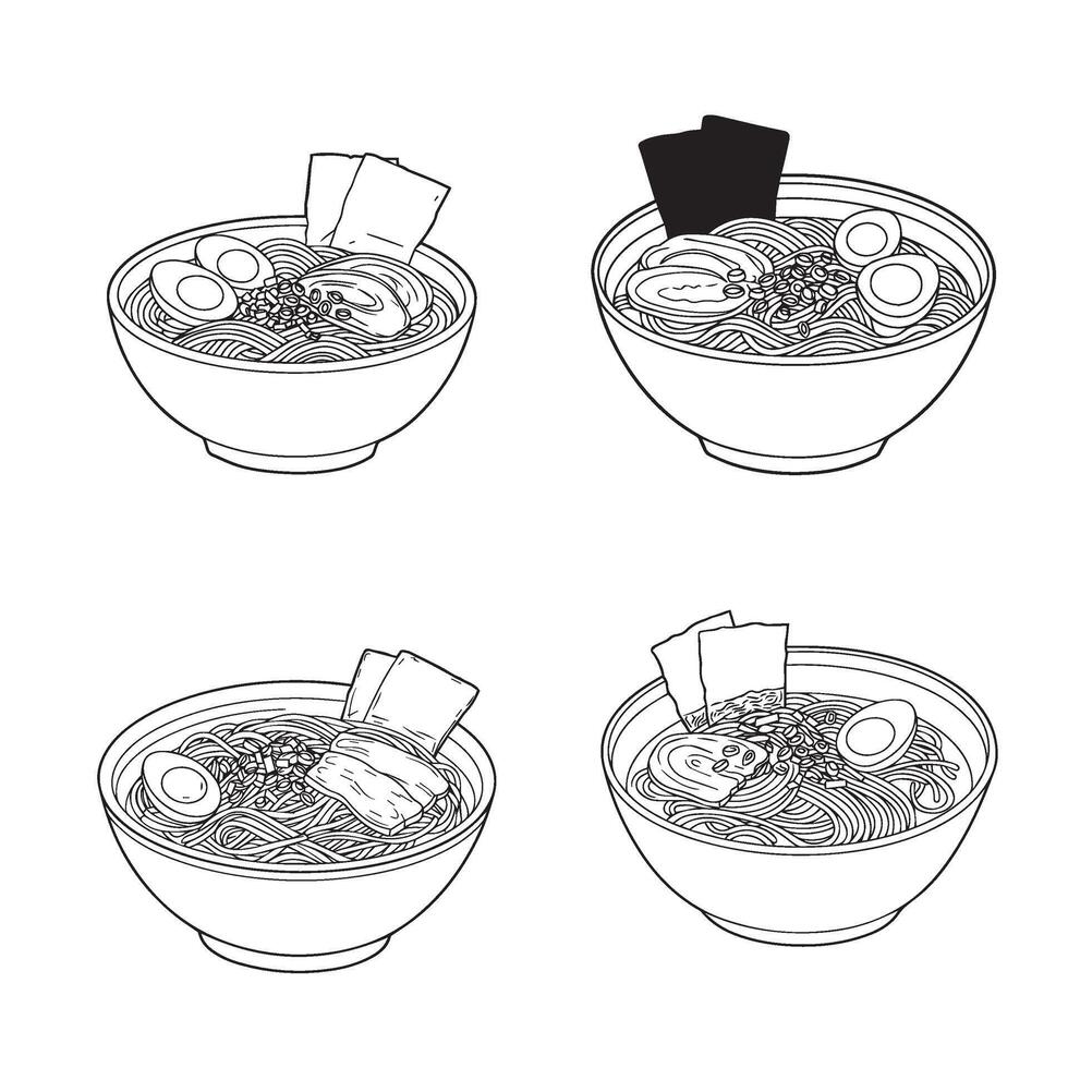 Black and White Ink Style Ramen Noodle Soup Vectors Art with Egg and Pork Slices