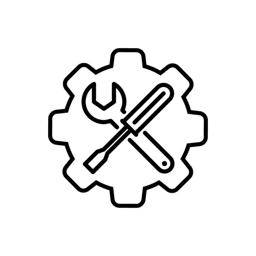 Wrench and screwdriver inside gear illustration, line design icon vector