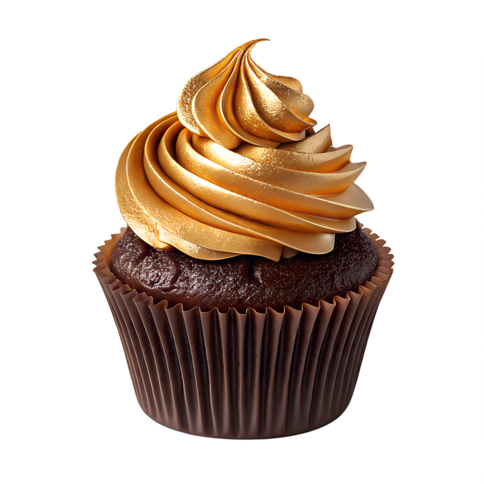 A chocolate cupcake with gold frosting on top png