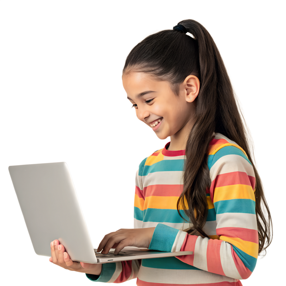 A girl smiles while using a laptop png