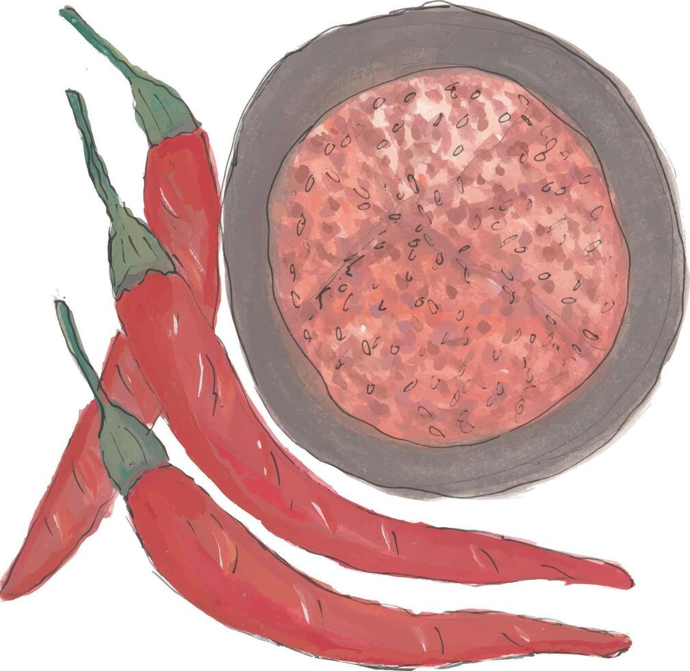 a drawing of a bowl of chili peppers watercolor vector